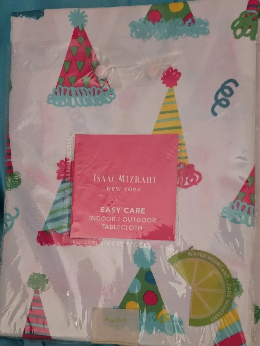 Isaac Mizrahi White Tablecloth & Placemats with Multicolor Party Hats
